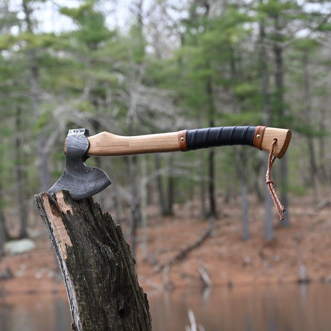 Custom Handmade Viking Axe with Forged 1095 Steel Blade and Ash Wood Leather-Wrapped Handle – KBS Knives Store
