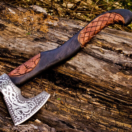 Handcrafted Battle Axe with Engraved 1095 Steel Blade and Hand Engraved Rosewood Handle – KBS Knives Store