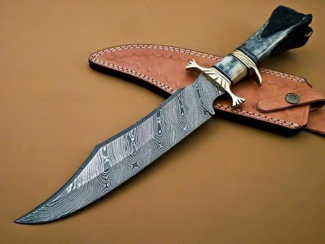 Wilderness Guardian: Bowie Knife with Twist Damascus Steel Blade, Bone Handle, Brass Guards, and Leather Sheath