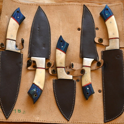 Handmade Damascus Kitchen Knives Set – Exotic Wood & Bone