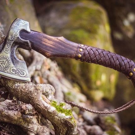 Native American Tomahawk with Custom Handmade Forged Engraved 1095 Steel Blade and Rosewood Handle – Warrior’s Edge