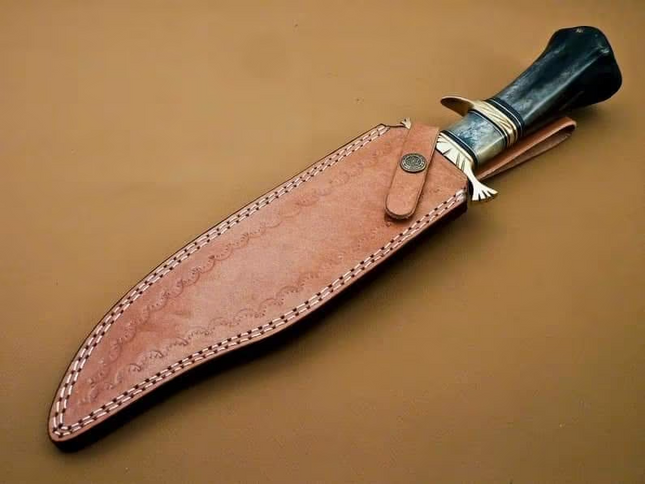 Wilderness Guardian: Bowie Knife with Twist Damascus Steel Blade, Bone Handle, Brass Guards, and Leather Sheath