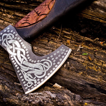Handcrafted Battle Axe with Engraved 1095 Steel Blade and Hand Engraved Rosewood Handle – KBS Knives Store