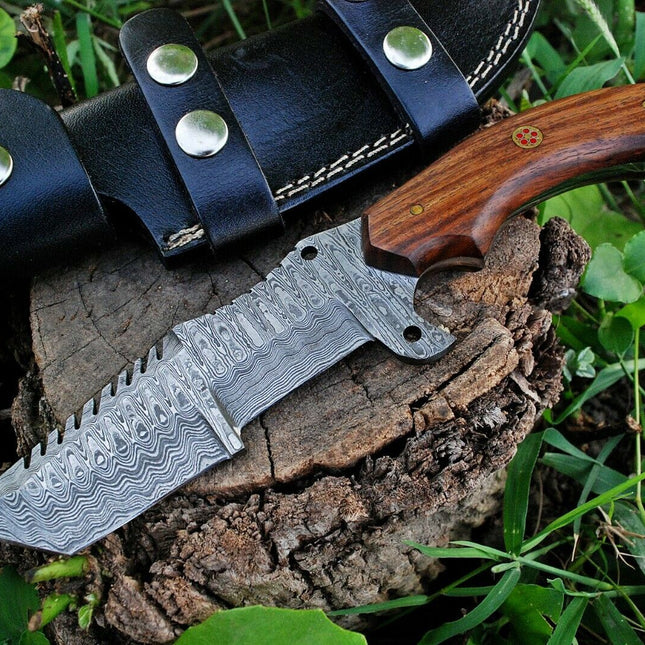 Custom Handmade Damascus Tanto Tracker Knife with Rosewood Handle - 10 inches Overall Length, Serrated Top Blade