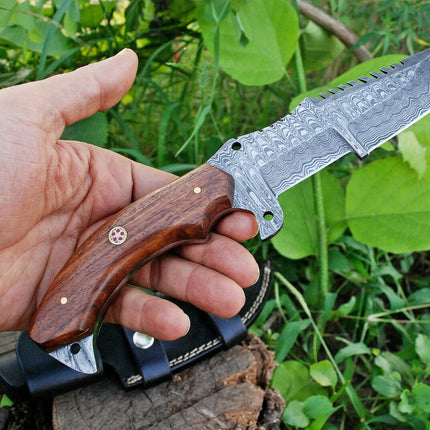 Custom Handmade Damascus Tanto Tracker Knife with Rosewood Handle - 10 inches Overall Length, Serrated Top Blade