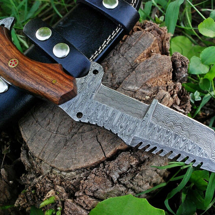 Custom Handmade Damascus Tanto Tracker Knife with Rosewood Handle - 10 inches Overall Length, Serrated Top Blade