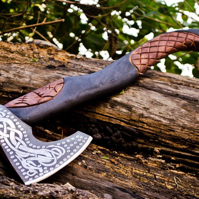 Handcrafted Battle Axe with Engraved 1095 Steel Blade and Hand Engraved Rosewood Handle – KBS Knives Store