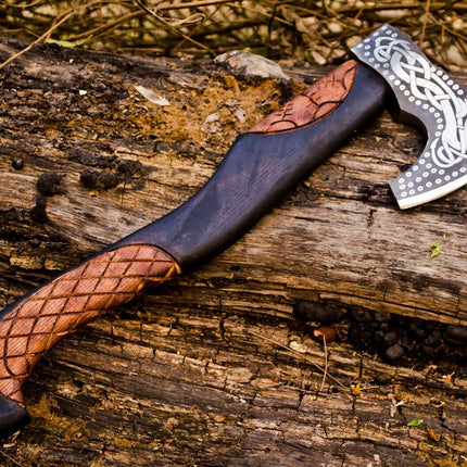 Handcrafted Battle Axe with Engraved 1095 Steel Blade and Hand Engraved Rosewood Handle – KBS Knives Store