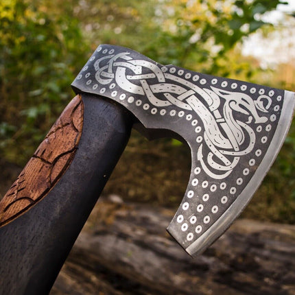 Handcrafted Battle Axe with Engraved 1095 Steel Blade and Hand Engraved Rosewood Handle – KBS Knives Store