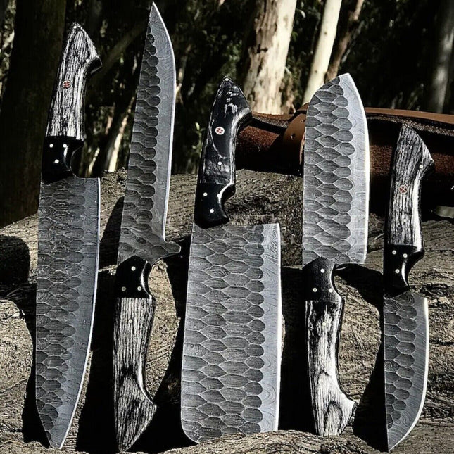 Custom Handmade Damascus Knife Set with Leather Roll