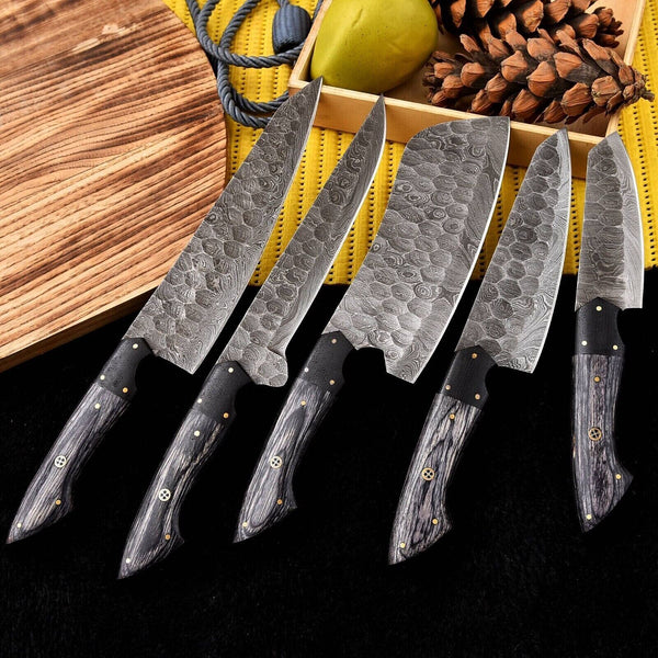 Custom Handmade Damascus Knife Set with Leather Roll
