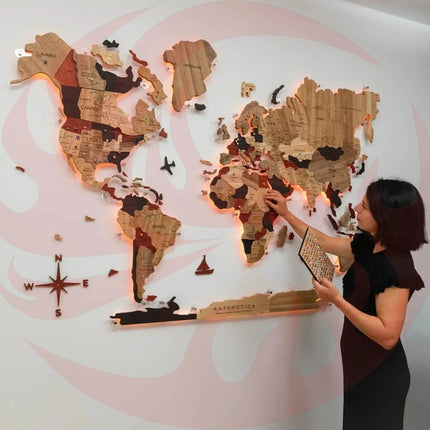 Wooden World Map Wall Art - 3D Solid Wood Decor