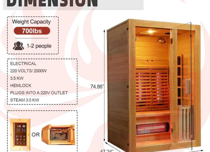 Rövia Luma 2-Person Indoor Hybrid Sauna Room With Infrared And 3.5KW Steam Heaters (SAK83750) - Phoenix Fire Art Store