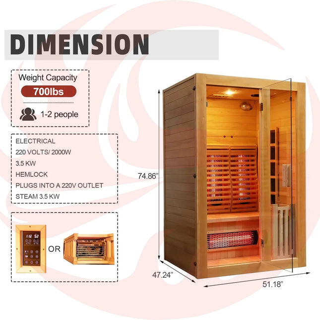 Rövia Luma 2-Person Indoor Hybrid Sauna Room With Infrared And 3.5KW Steam Heaters (SAK83750) - Phoenix Fire Art Store